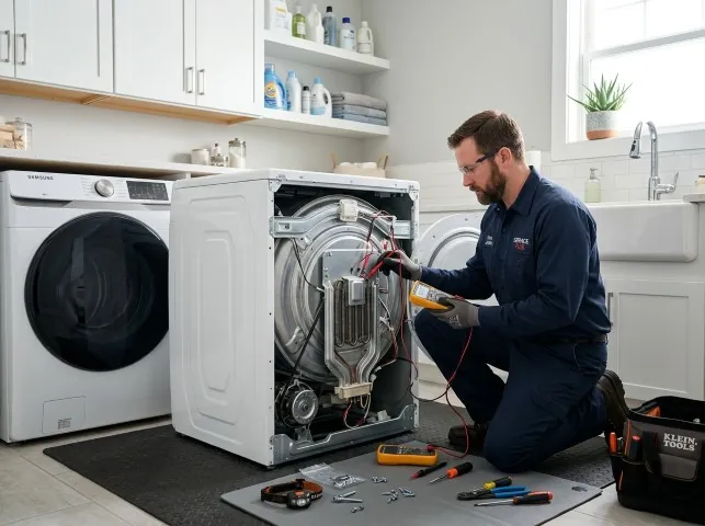 Appliance Repair Hero technician checking a dryer heating element with the rear panel off in Atlantic Beach, FL