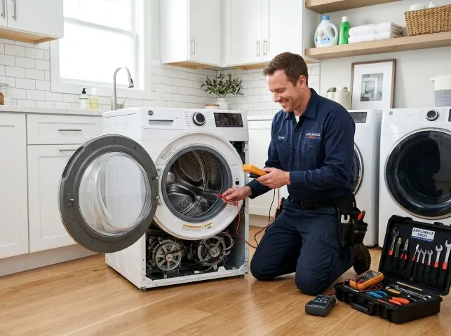 Appliance Repair Hero technician testing a front-load washer with a multimeter on a Atlantic Beach, FL service call